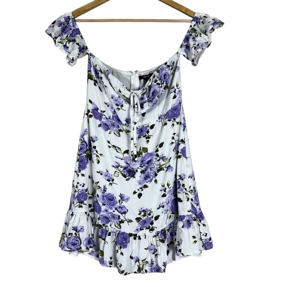 Womens Floral Rose Off The Shoulder Mini Dress White Purple Cottagecore Size S - Picture 2 of 7